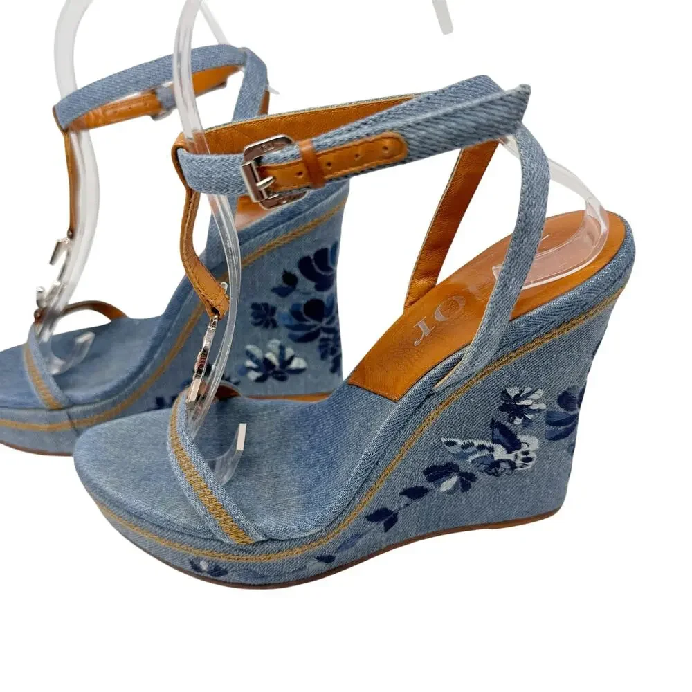 Christian Dior Galliano Denim Floral Embroidered CD Wedge Sandals Size 37